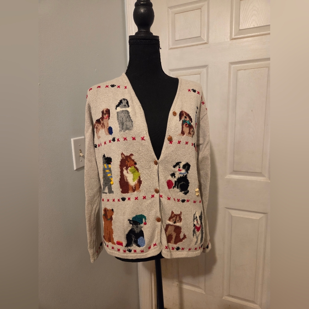 Marisa Christina Cream Cardigan Sweater with Multicolor Dog Motifs